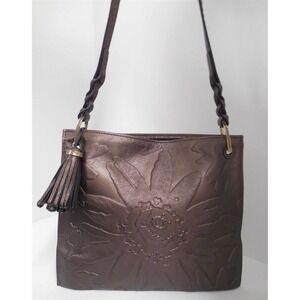 Brighton Bronze Leather Embossed Flower‎ Tassel Shoulder Bag